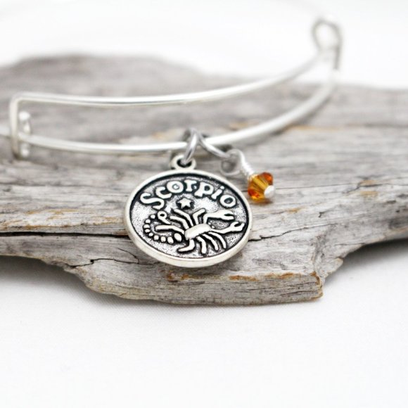 November Scorpio Adjustable Charm Bangle - Handmade Zodiac Bracelet - Picture 3 of 12